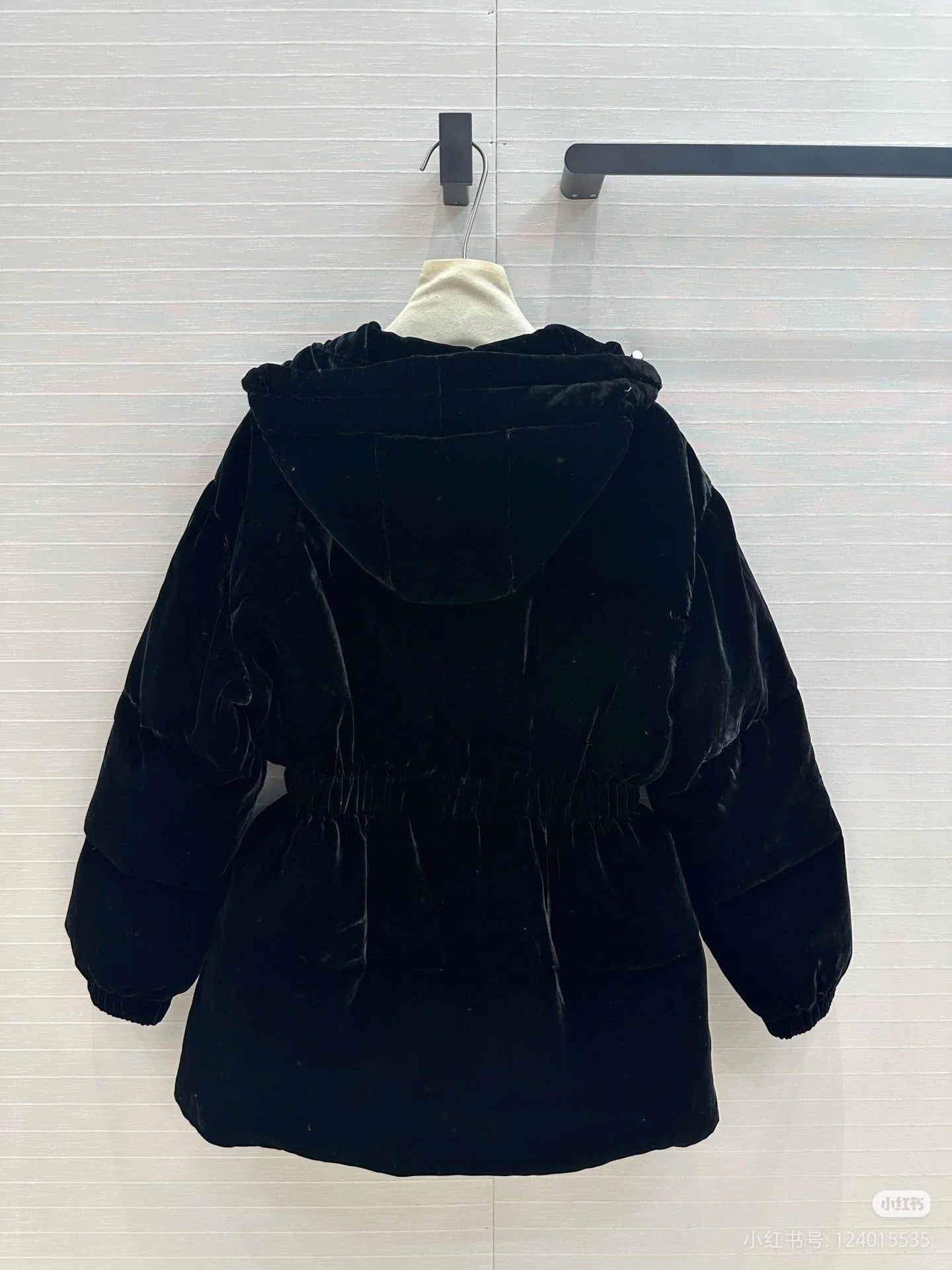 Prada hooded long coat, black velvet rear view with gathered waist