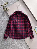 Long-sleeve plaid shirt back view on hanger, red and dark blue check