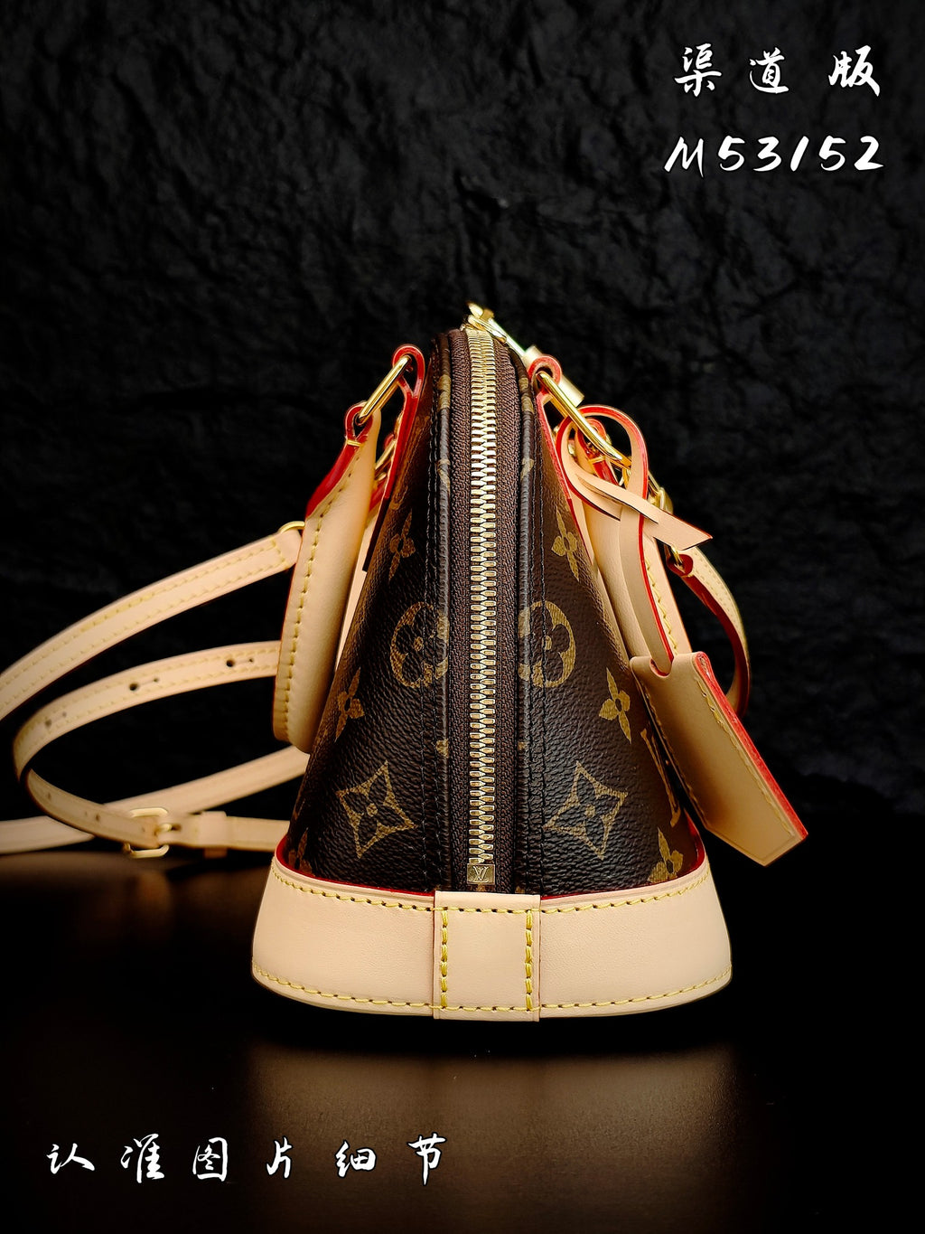 Louis Vuitton monogram handbag side view with gold zipper and tan shoulder strap