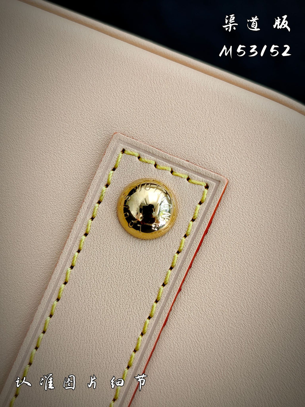 Louis Vuitton beige leather bag detail with gold stud and stitched trim