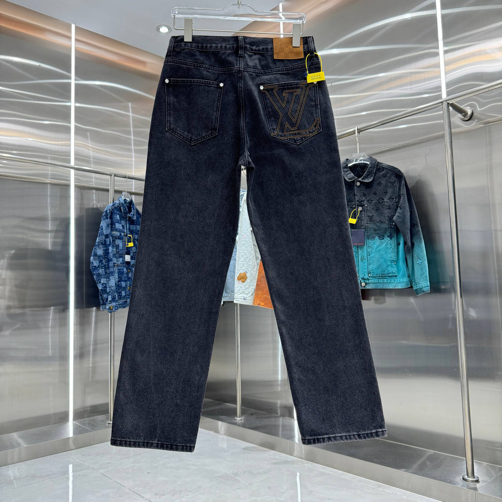 Dark denim jeans with belt loops and back yoke pockets