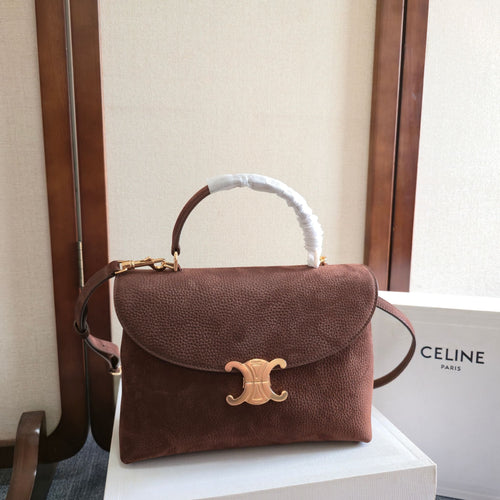 Celine handbag in dark brown textured leather with top handle, flap, and gold logo clasp