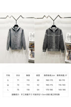 Size chart and front views of grey hooded zip jacket with Dior-style monogram