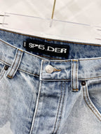 Light blue denim jeans with SP5DER logo waistband and buttoned fly