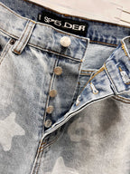 Light blue denim waistband with logo label and metal button closure