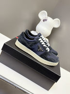 Prada unisex suede sneakers, navy with white laces and cream rubber sole