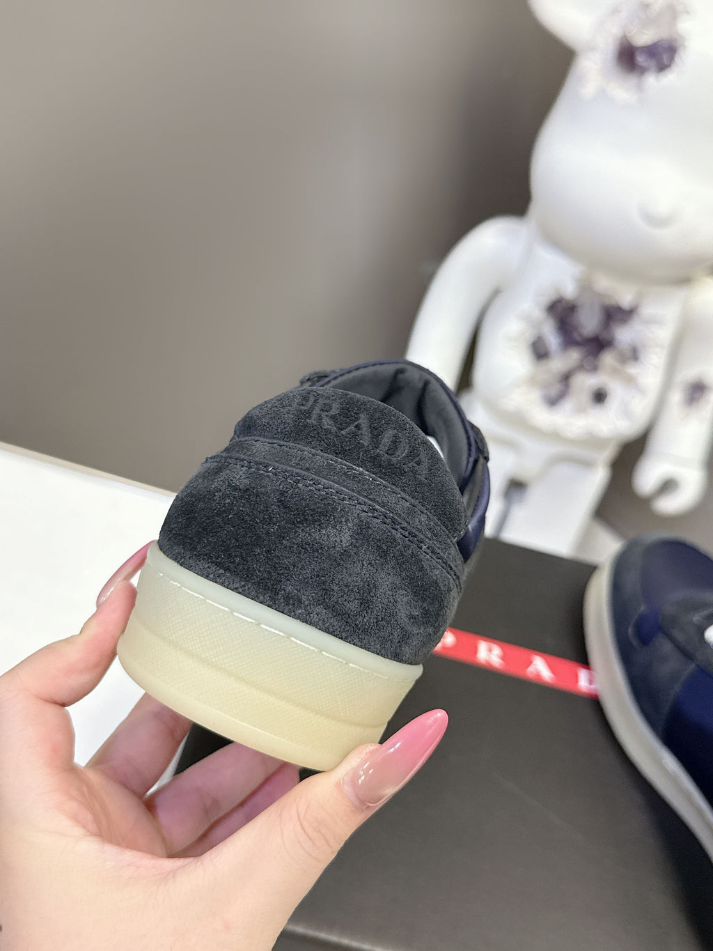 Prada unisex sneaker heel, navy suede with cream rubber sole and white laces