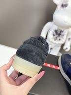 Prada unisex sneaker heel, navy suede with cream rubber sole and white laces