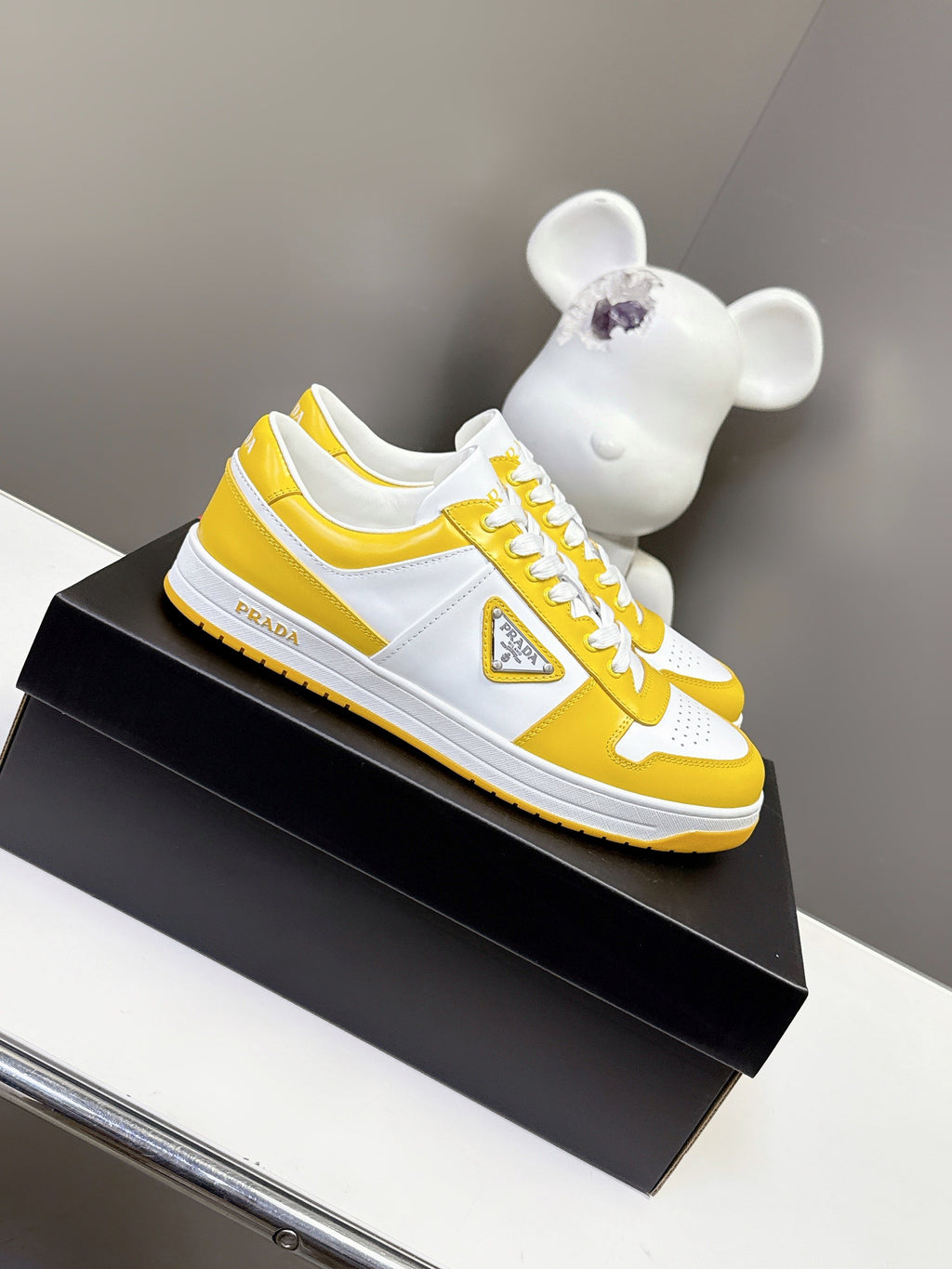 Prada unisex sneakers, yellow and white leather, lace-up with rubber sole