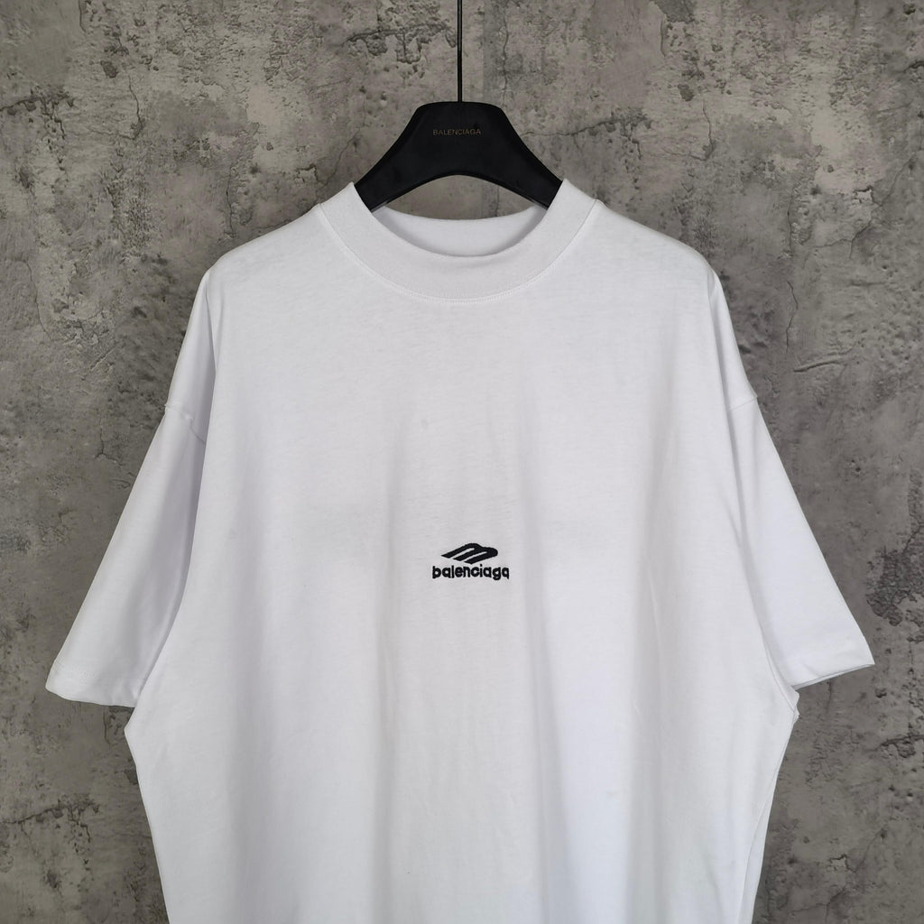White Balenciaga T-shirt front view with small chest logo, crew neck, short sleeves