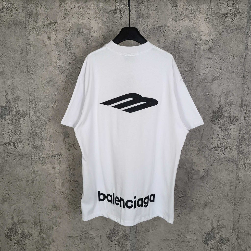 White Balenciaga T-shirt back view with large logo graphic and “balenciaga” text