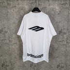 White Balenciaga T-shirt back view with large logo graphic and “balenciaga” text