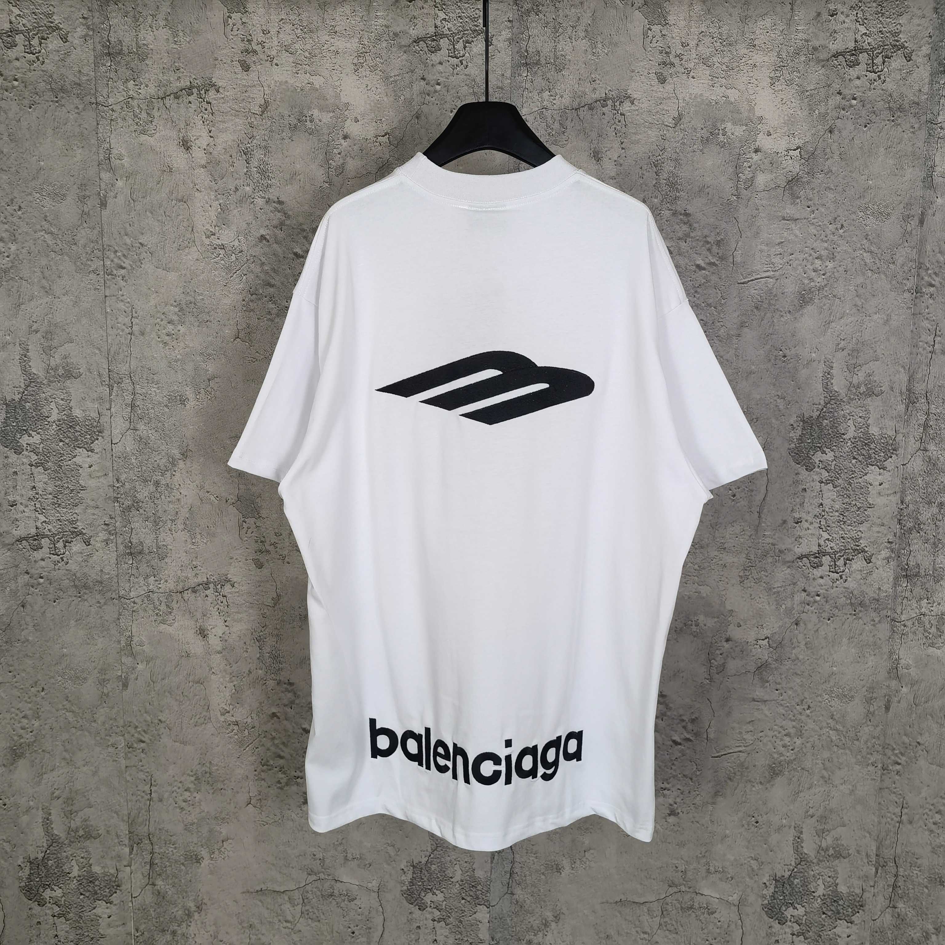 White Balenciaga T-shirt back view with large logo graphic and “balenciaga” text