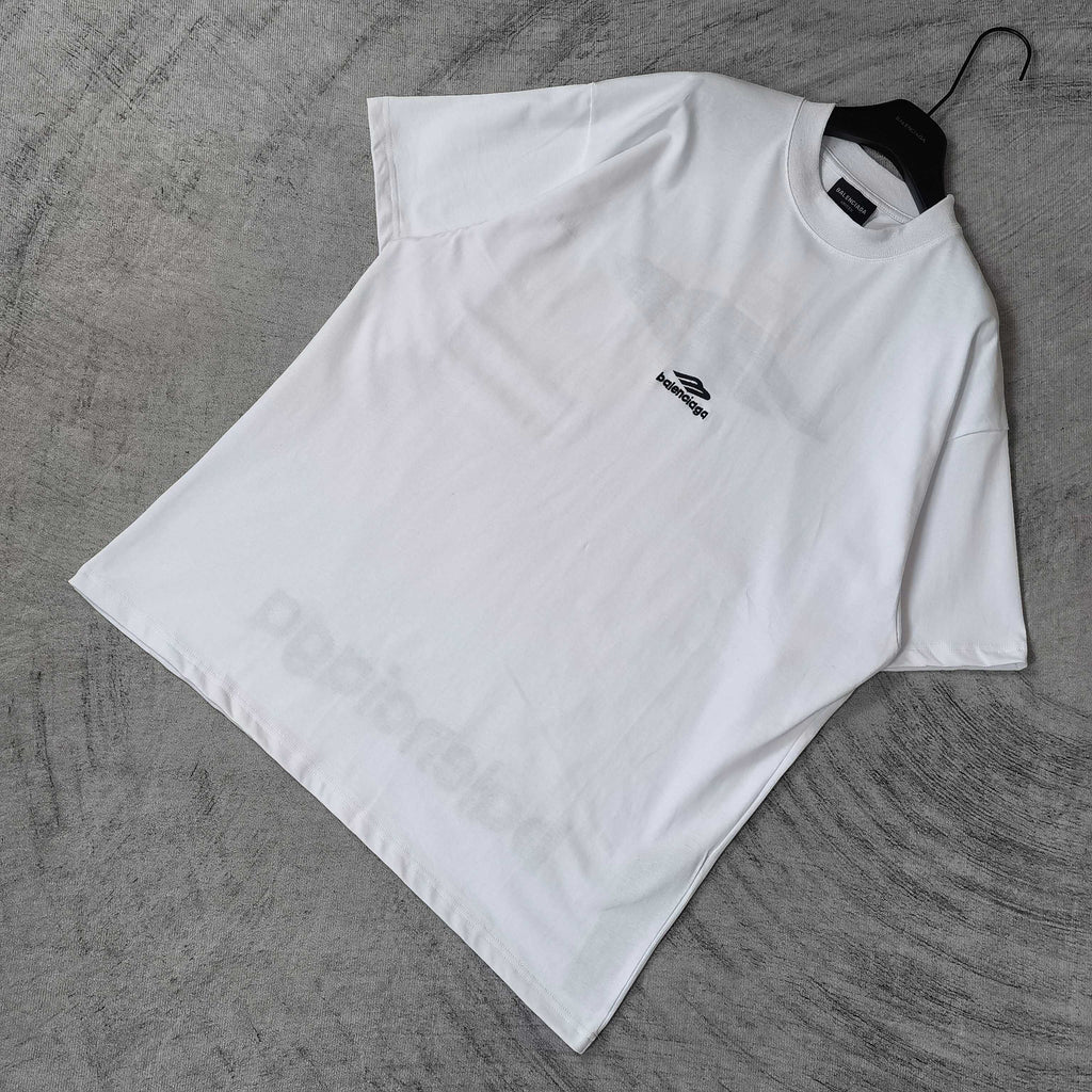 White Balenciaga short-sleeve T-shirt folded flat, crew neck, small chest logo