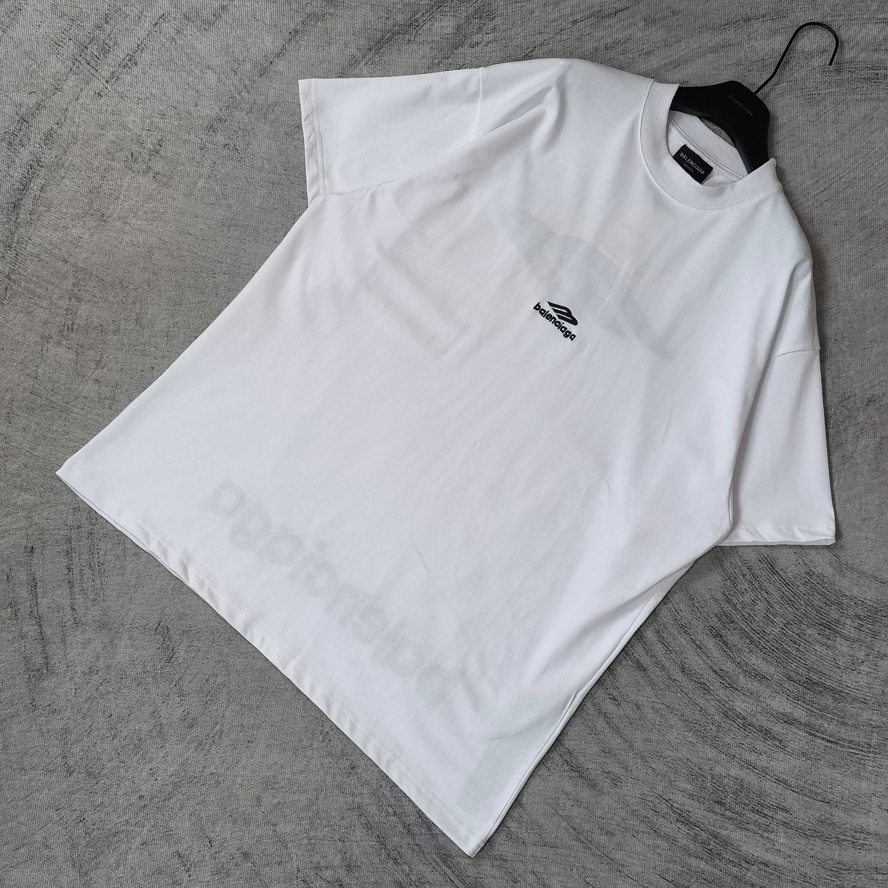 White Balenciaga short-sleeve T-shirt folded flat, crew neck, small chest logo