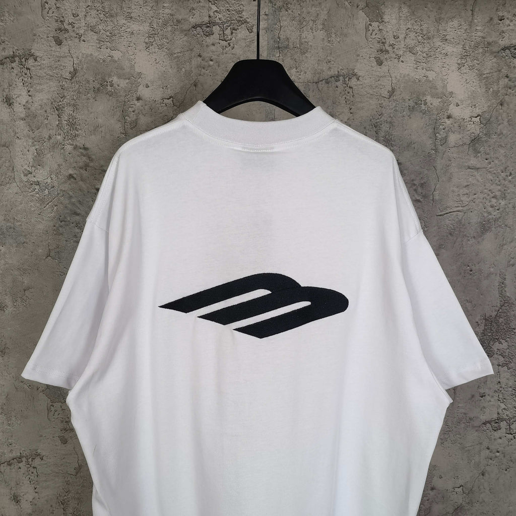 White Balenciaga T-shirt back view with large wing logo, crew neck, short sleeves
