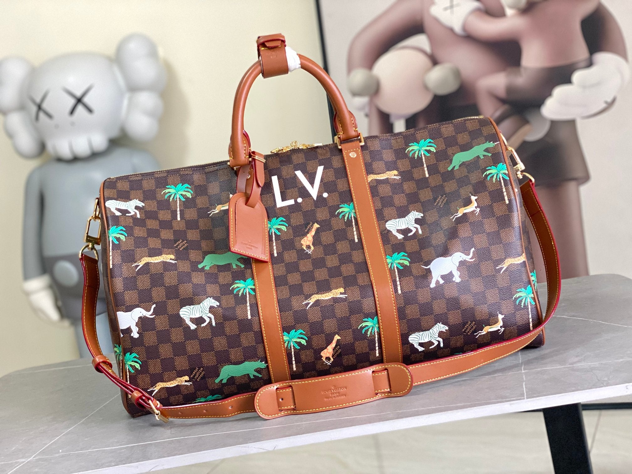 Men's Louis Vuitton duffel bag with brown check and colorful animal and palm print