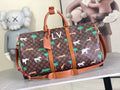 Patterned tote bag with brown canvas, animal and palm print, tan leather handles