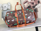Patterned tote bag with brown canvas, animal and palm print, tan leather handles