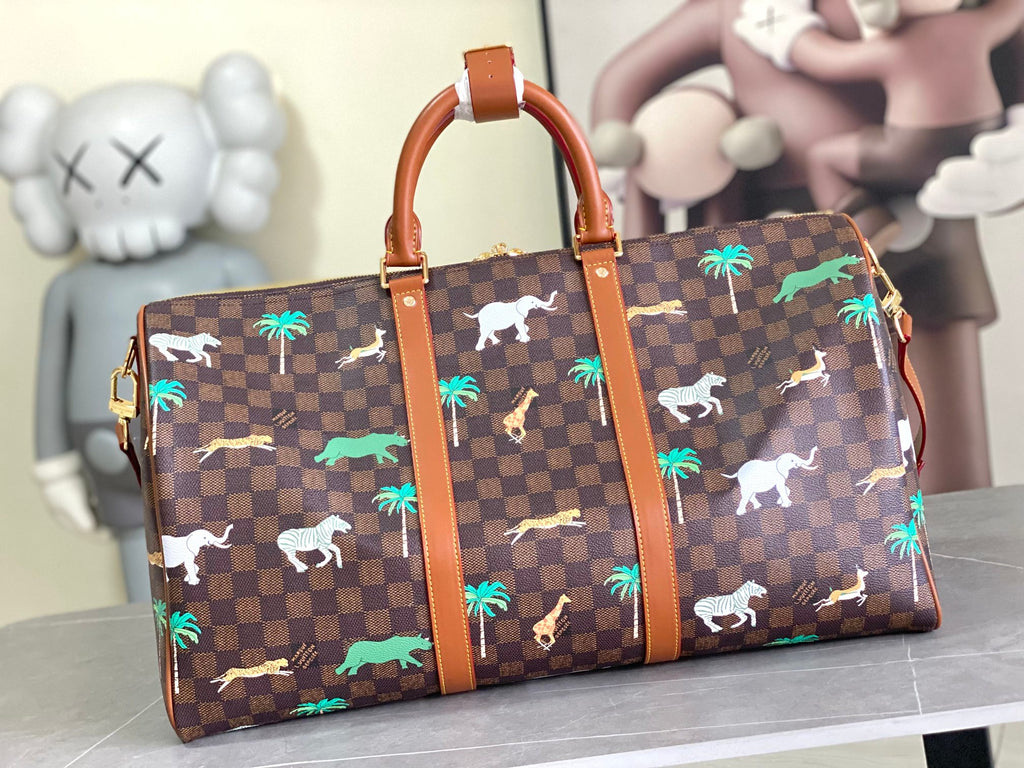 Men's Louis Vuitton duffel bag with brown check base, animal motifs, and palm tree print