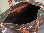 Men's Louis Vuitton bag open to black interior, brown monogram canvas with animal and palm print