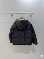 Prada hooded puffer jacket, black, back view with hood and full sleeves.