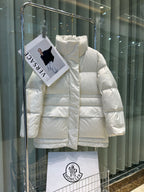 White Moncler puffer jacket with hood, front zipper, boxy quilted design