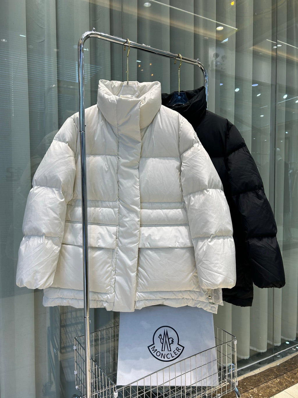 White Moncler hooded puffer jacket, quilted panels, full front zipper