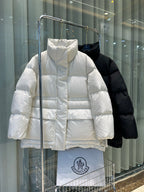 White Moncler hooded puffer jacket, quilted panels, full front zipper