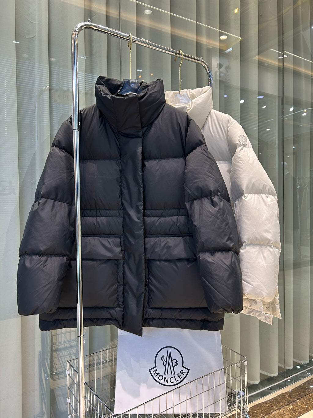 Black Moncler hooded puffer jacket, quilted panels, full front zipper