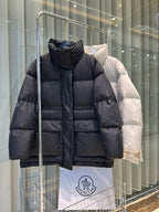 Black Moncler hooded puffer jacket, quilted panels, full front zipper