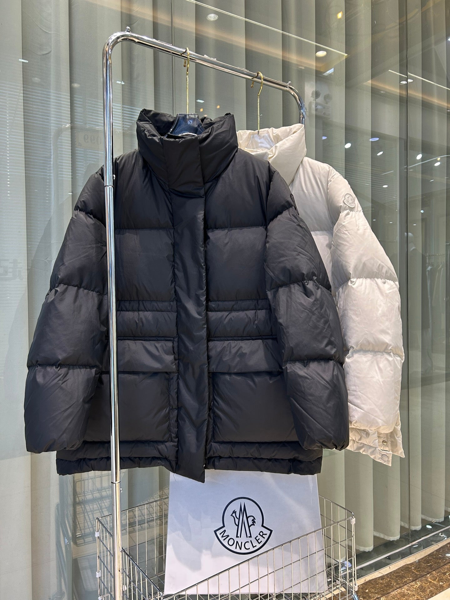 Black Moncler hooded puffer jacket, quilted panels, full front zipper