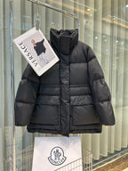 Black Moncler hooded puffer jacket, front zipper, quilted horizontal baffles