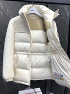 Cream hooded puffer jacket with stand collar, zip front and side seam pockets