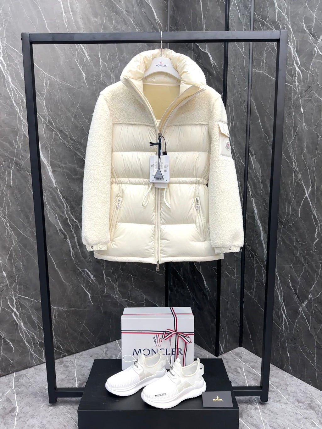 Cream hooded long puffer jacket, full front zipper and patch pockets