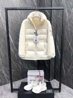 Cream hooded long puffer jacket, full front zipper and patch pockets