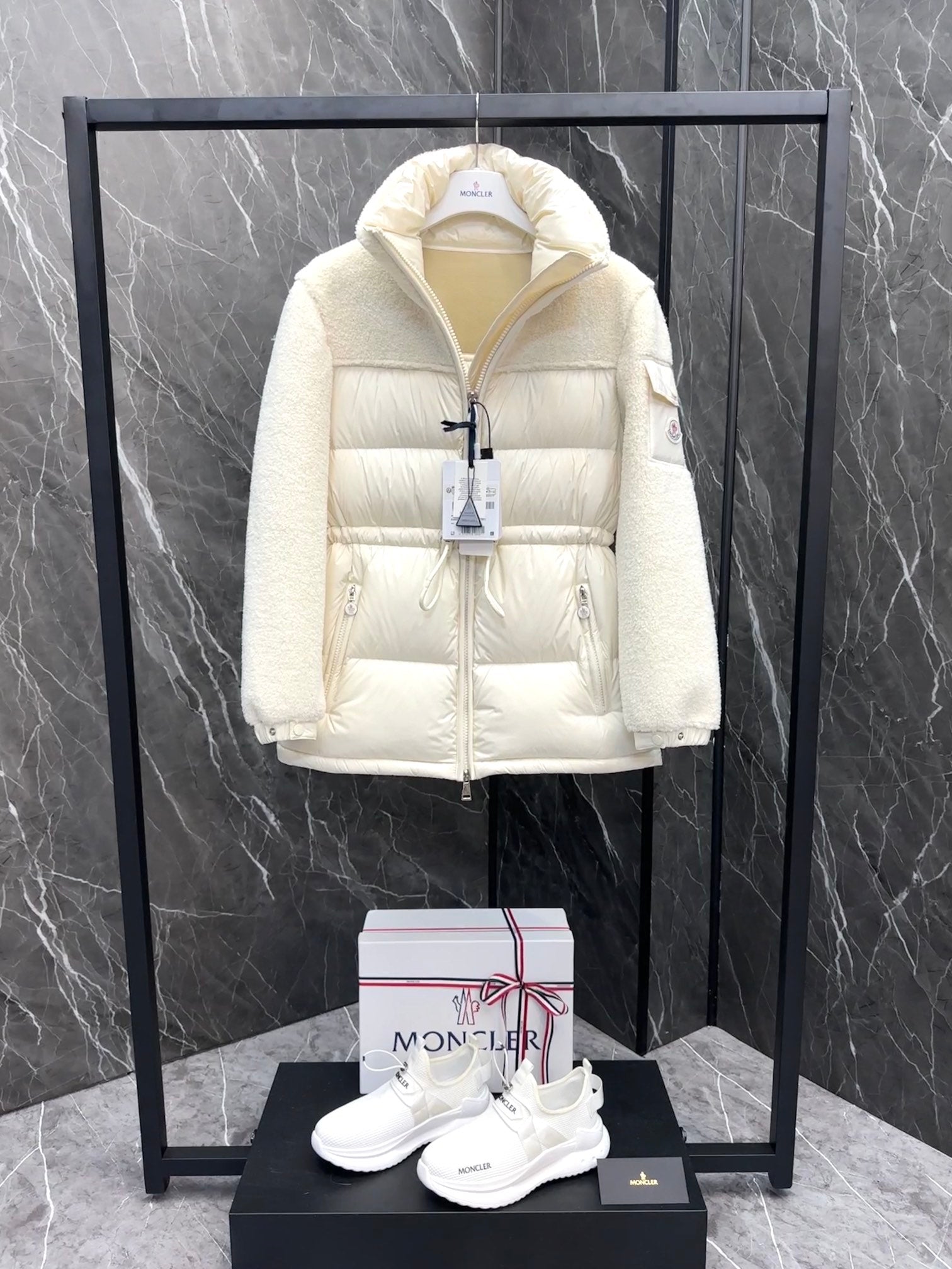 Cream hooded long puffer jacket, full front zipper and patch pockets