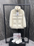 Cream long down puffer jacket with hood, full zip front and side pockets