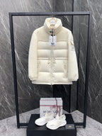 Cream long down puffer jacket with hood, full zip front and side pockets