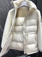 Cream hooded puffer jacket close-up, quilted panels and full-length zipper