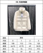 Cream hooded long puffer jacket front view with size and color chart