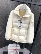 Cream hooded long puffer jacket with full zip, drawstring waist detail and side pockets