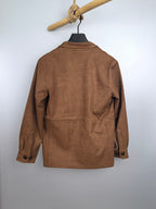 Brown suede-style jacket back view with patch pockets and button cuffs
