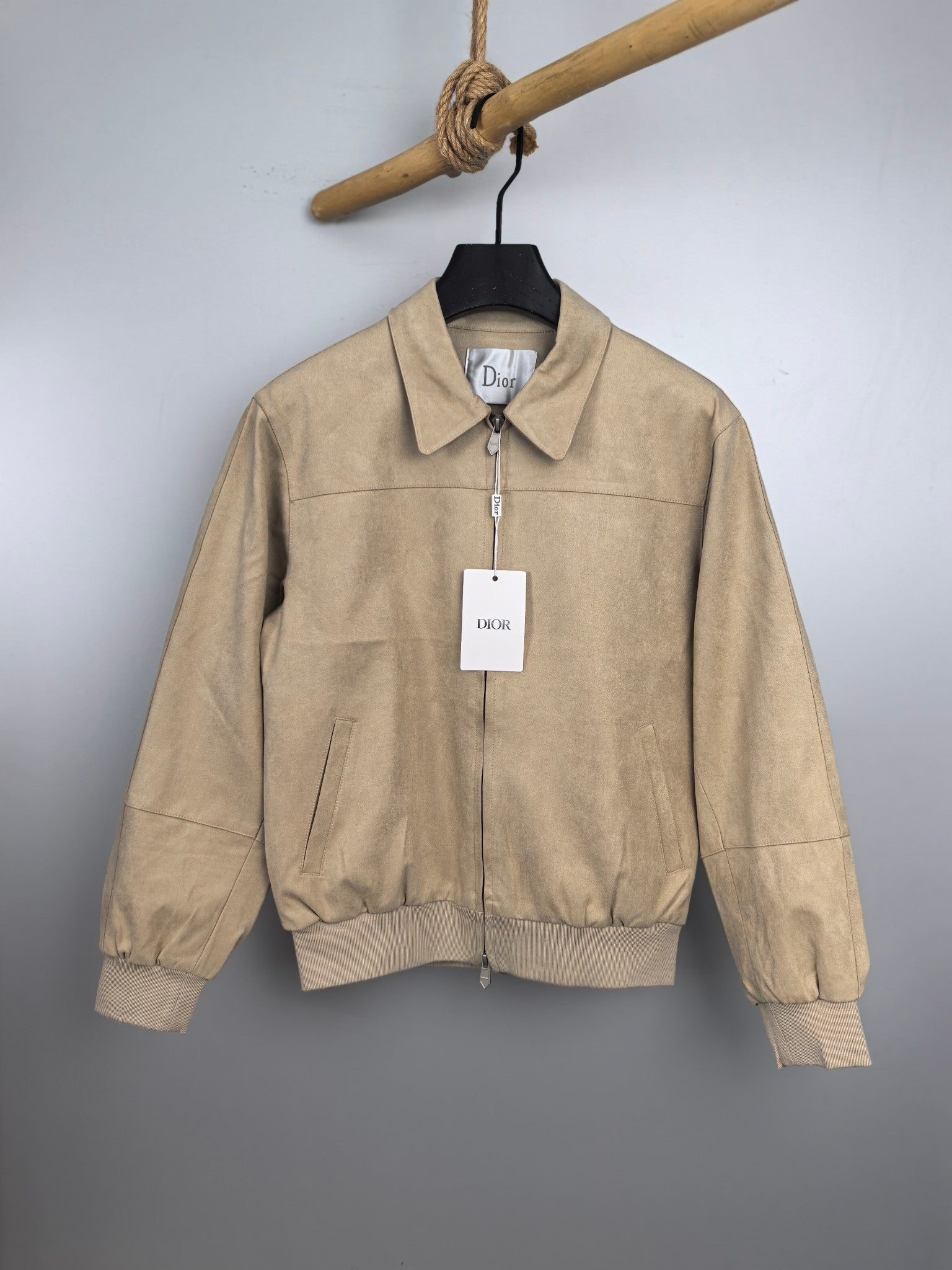 Dior tan zip-up jacket with point collar and ribbed cuffs