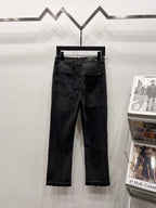 Black denim cropped jeans with belt loops and stacked front pockets