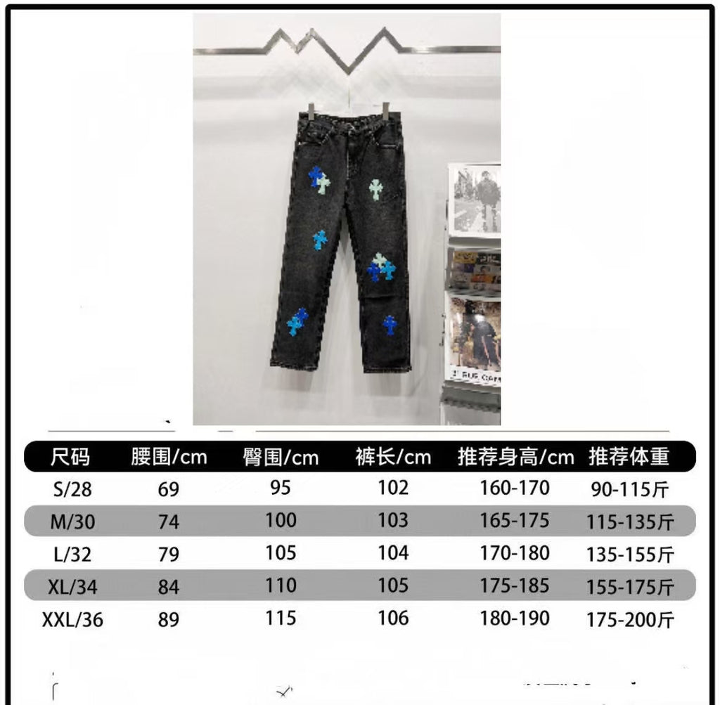 Pants size chart with waist, length, and height measurement table
