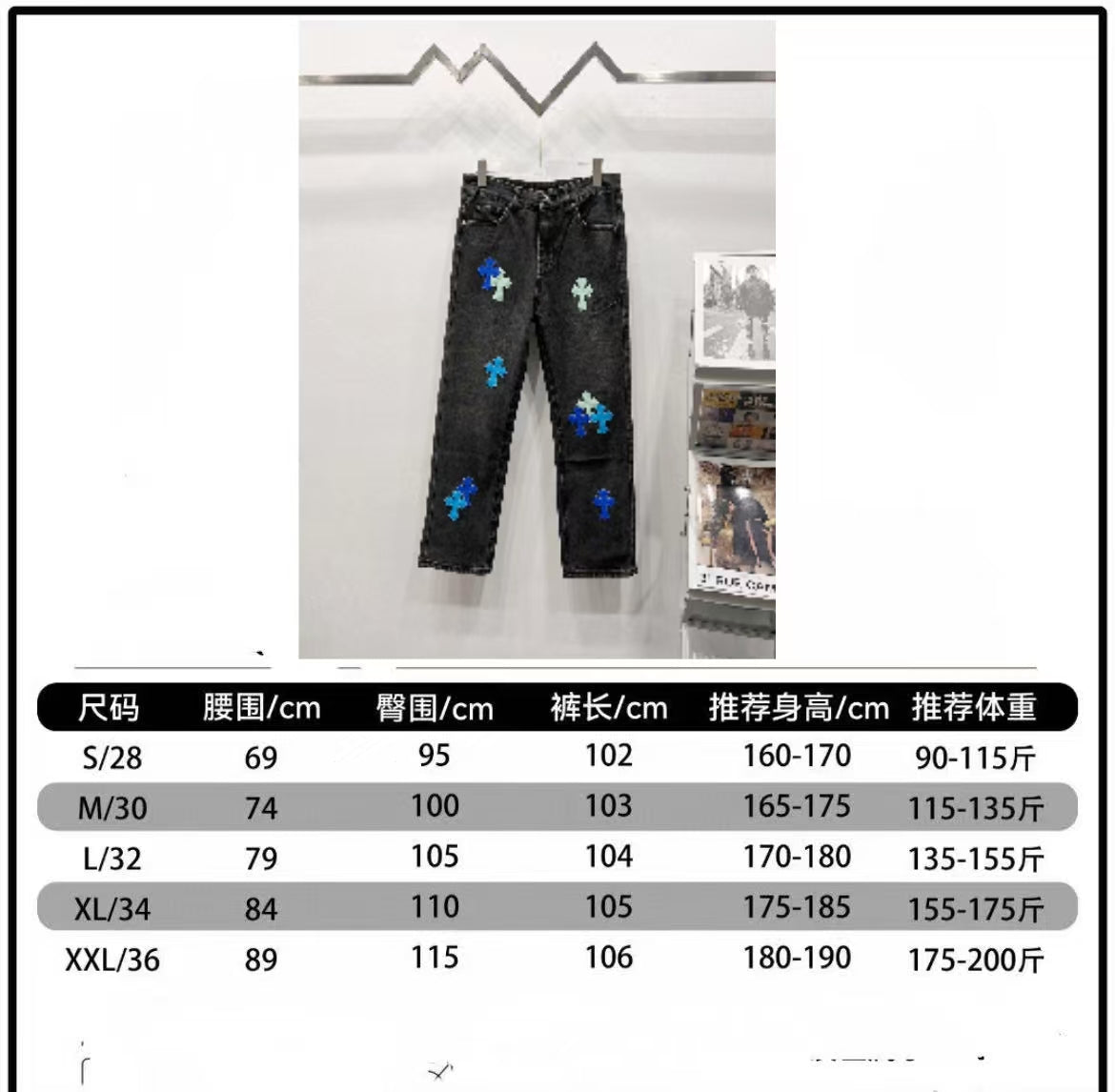 Pants size chart with waist, length, and height measurement table