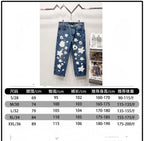 Blue graphic denim pants with printed size chart and measurements