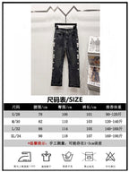 Denim jeans size chart showing S–XL measurements and care icons
