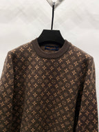 Crewneck sweater collar with dark monogram knit pattern, brown